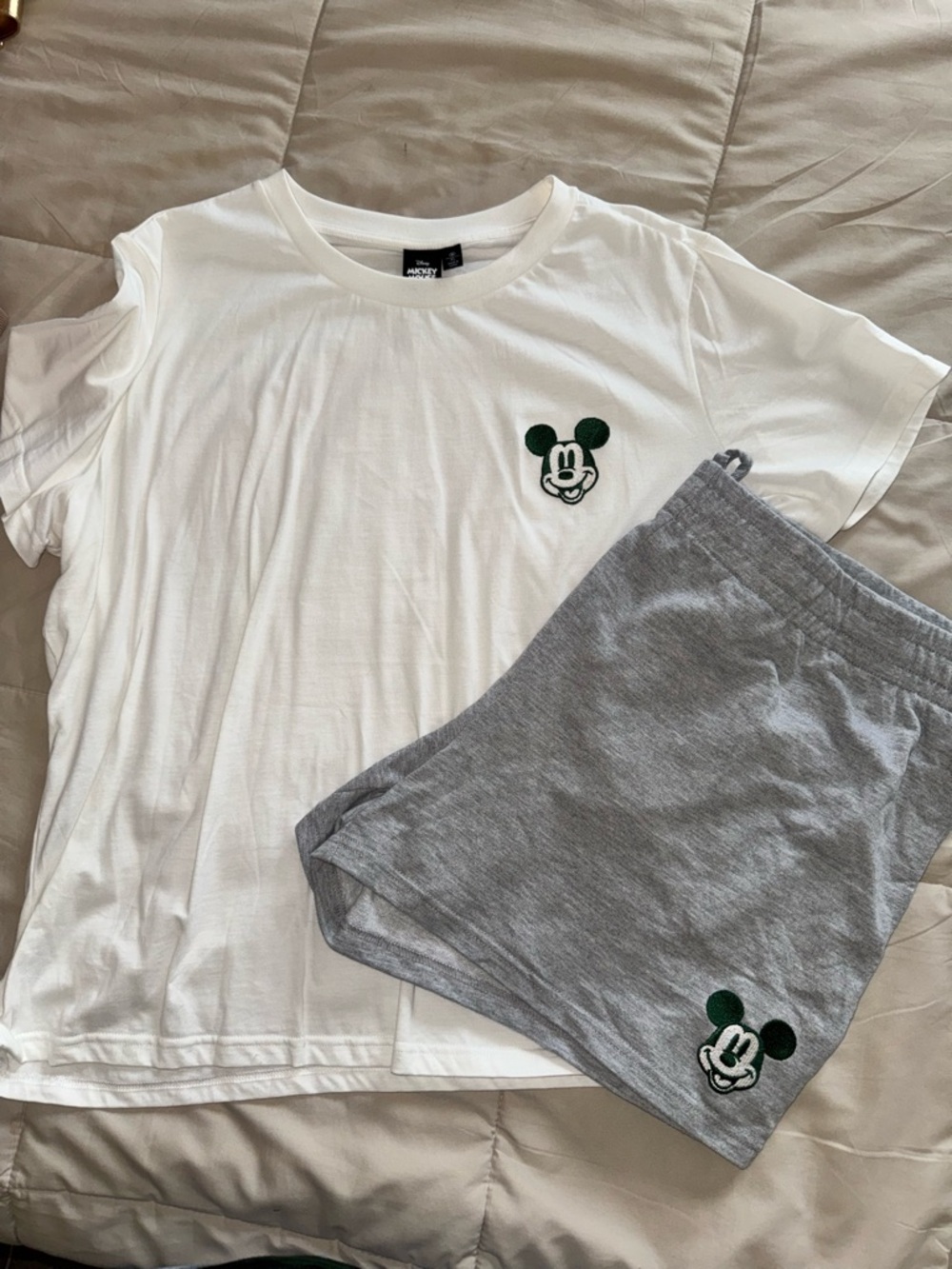 Embroidered Mickey Two-Piece Tee & Shorts Set in White & Gray